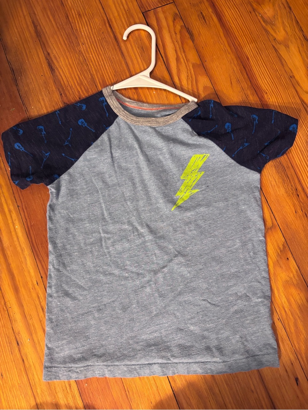 Boden Gray Raglan Tee with Navy Patterned Sleeves and Yellow Lightning